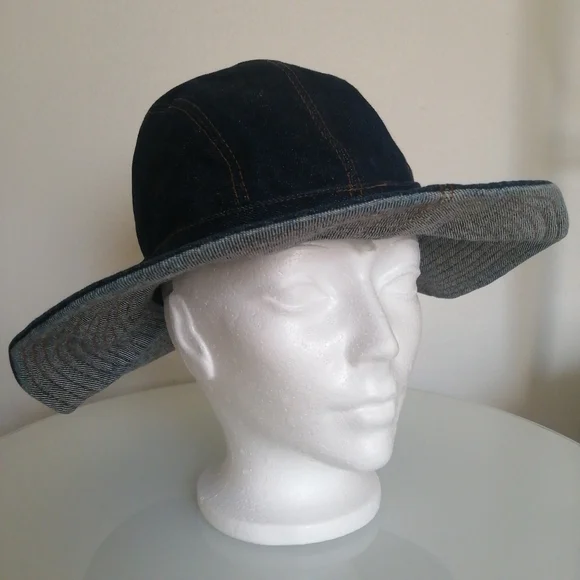 Women's Navy Wide-Brim Denim Sun Hat Vintage - Picture 5 of 12
